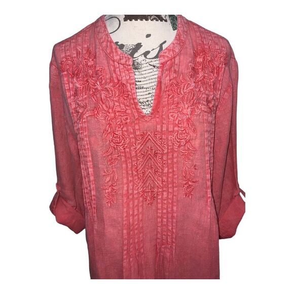 Karyn Seo Eva V-Neck 3/4 Sleeve Embroidered Coral Linen Shift Dress SZ MED. - Picture 2 of 13